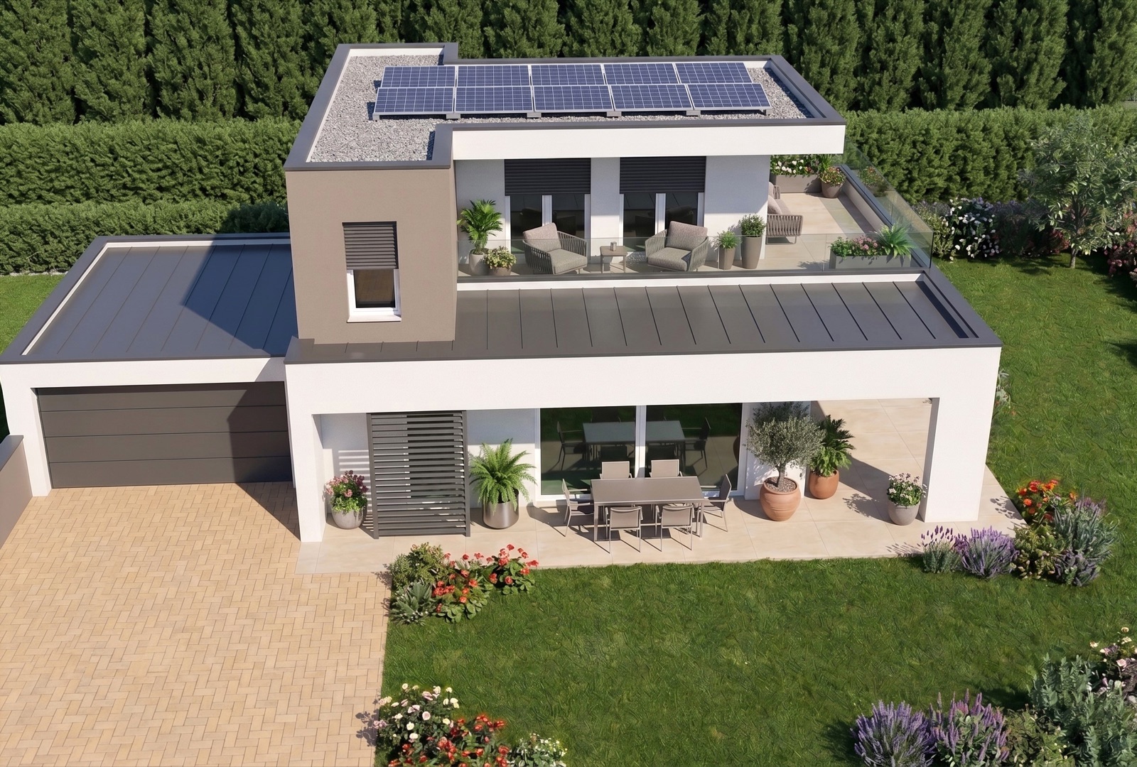 Villa Bellini — vista dall'alto con fotovoltaico e terrazzo