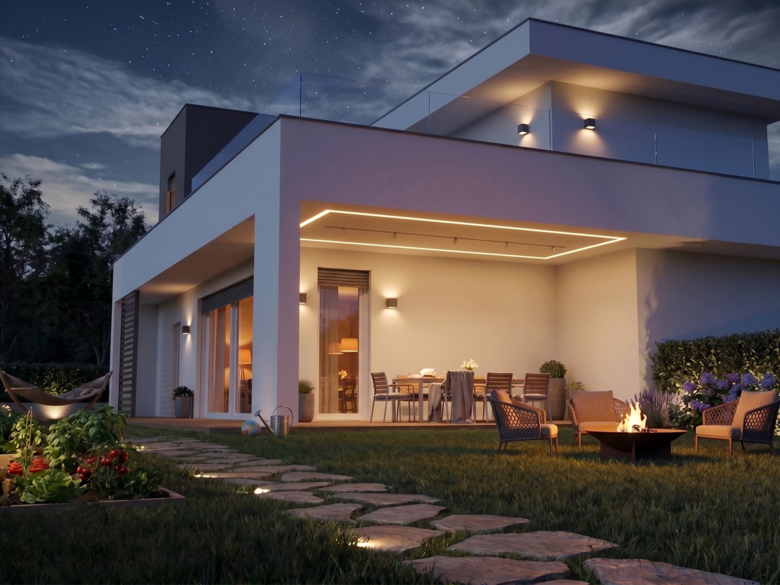 Villa Bellini — il portico illuminato la sera