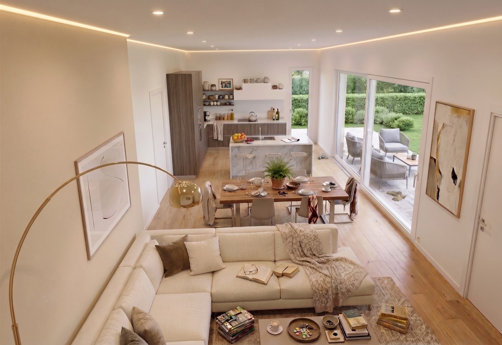 Villa Bellini — zona giorno con cucina a vista e pranzo