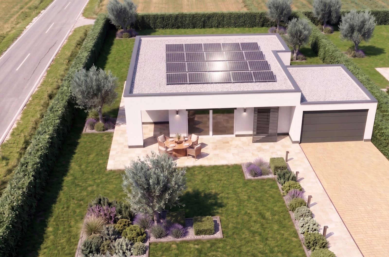 Villa Donizetti — vista aerea con impianto fotovoltaico