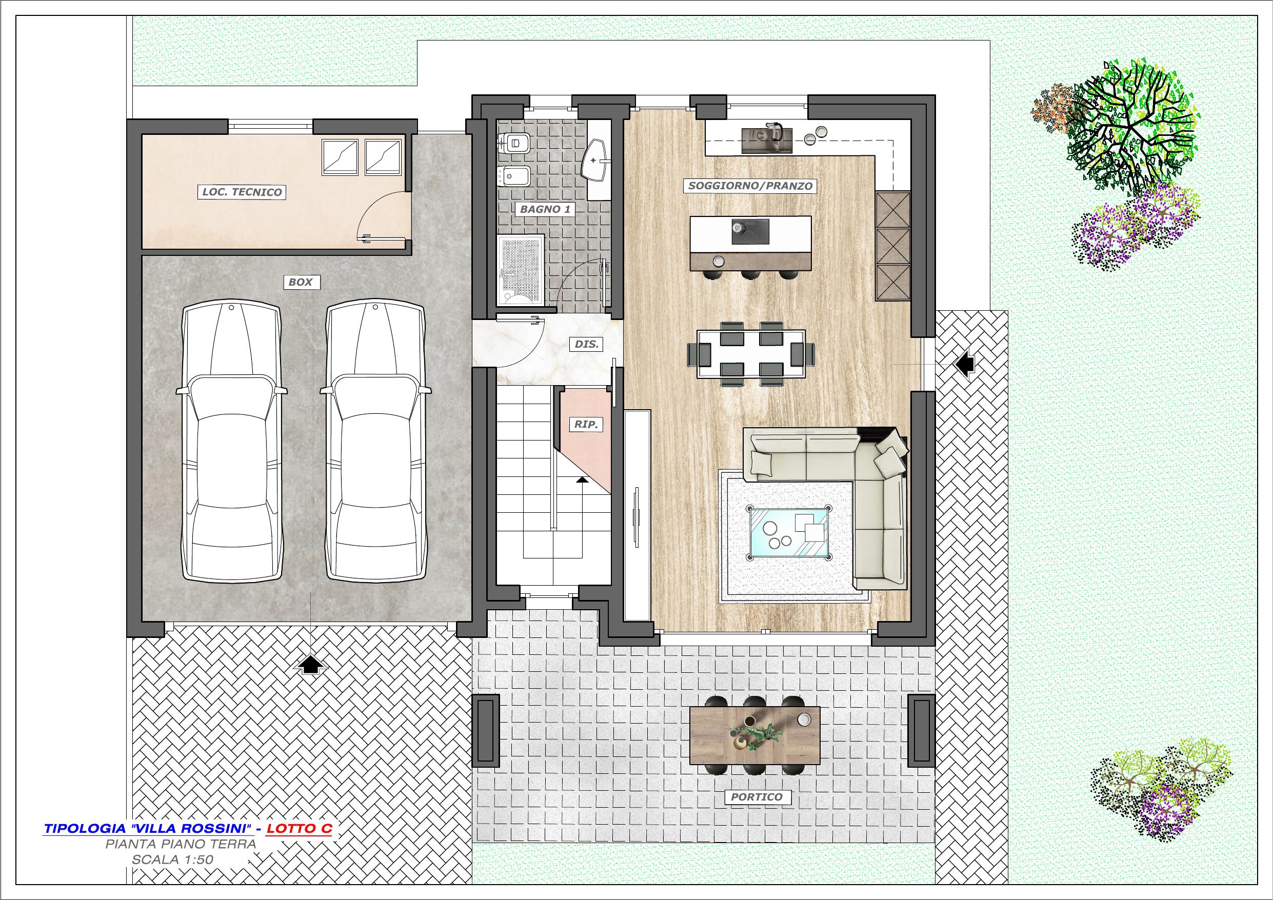 Villa Rossini Lotto C — pianta piano terra arredata, speculare