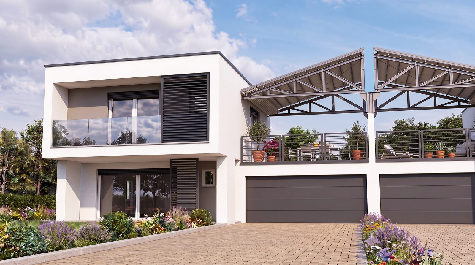 Villa Rossini Lotto B — i terrazzi con il pergolato fotovoltaico