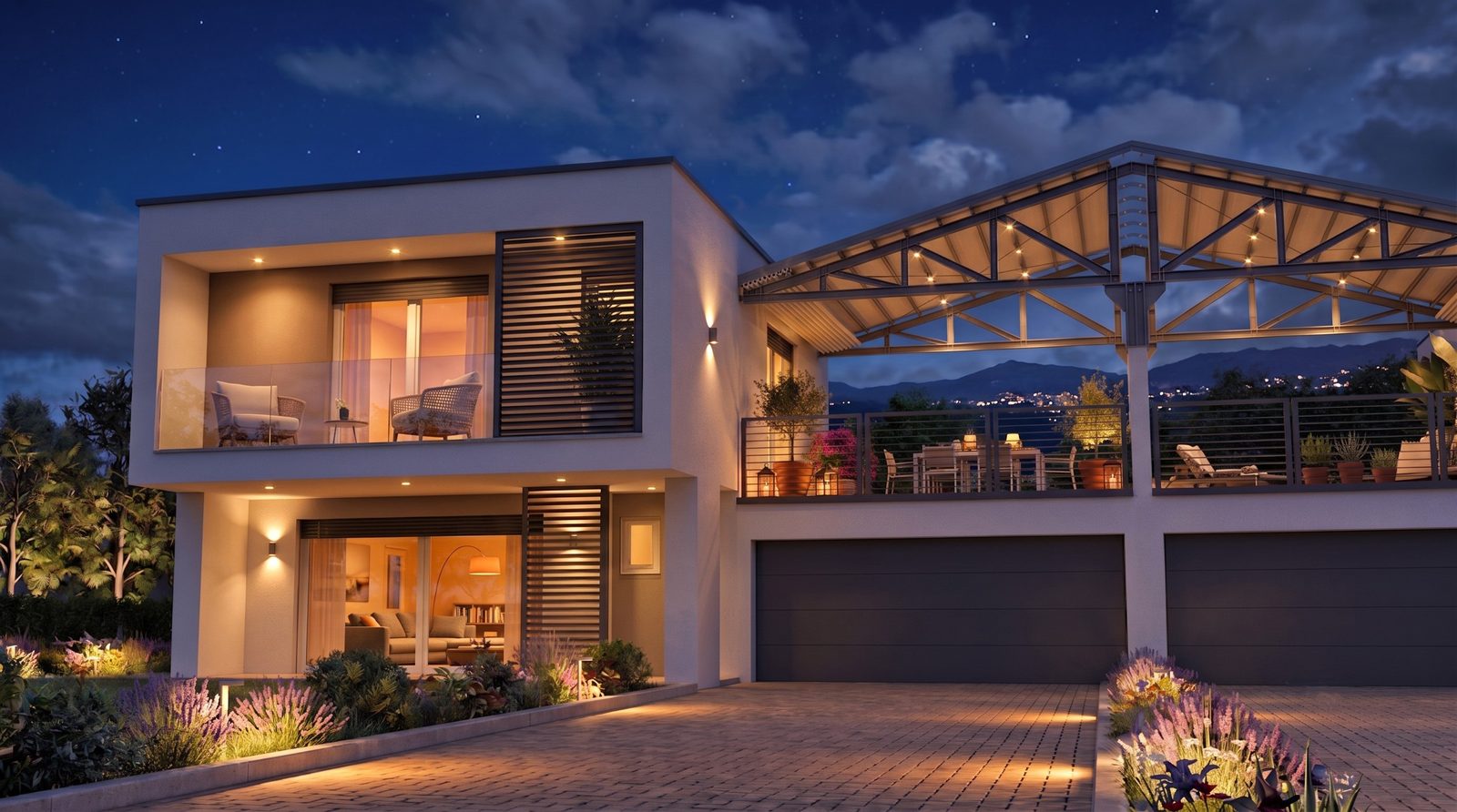 Villa Rossini Lotto B — i terrazzi illuminati la sera