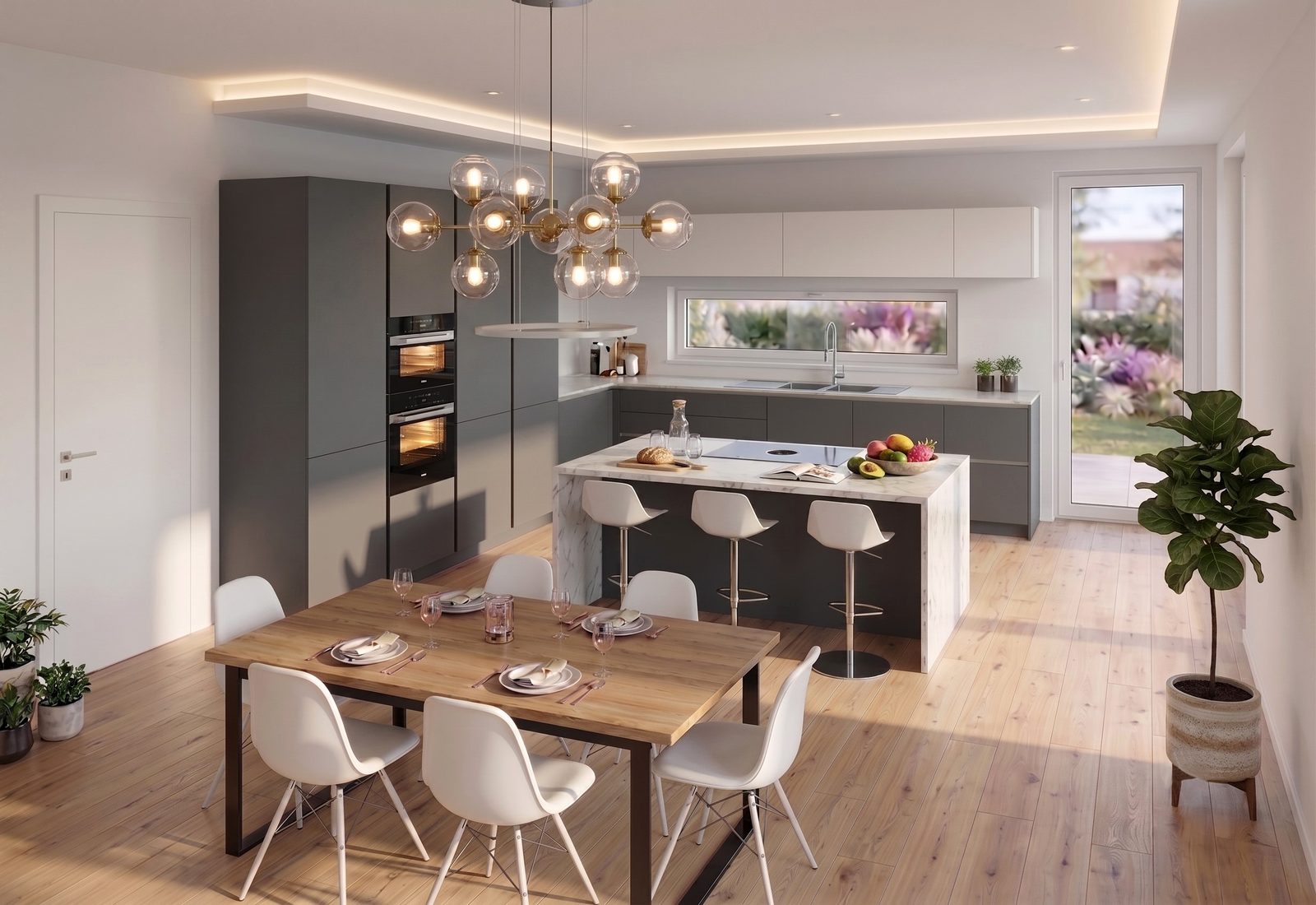 Villa Rossini Lotto B — cucina con isola e zona pranzo