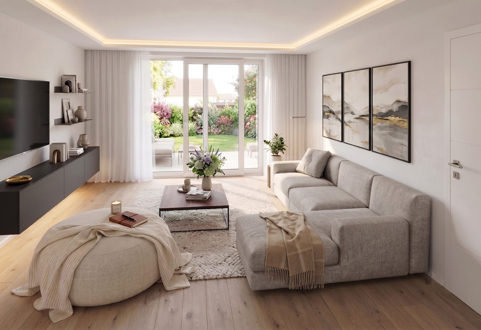 Villa Rossini Lotto B — living aperto sul giardino