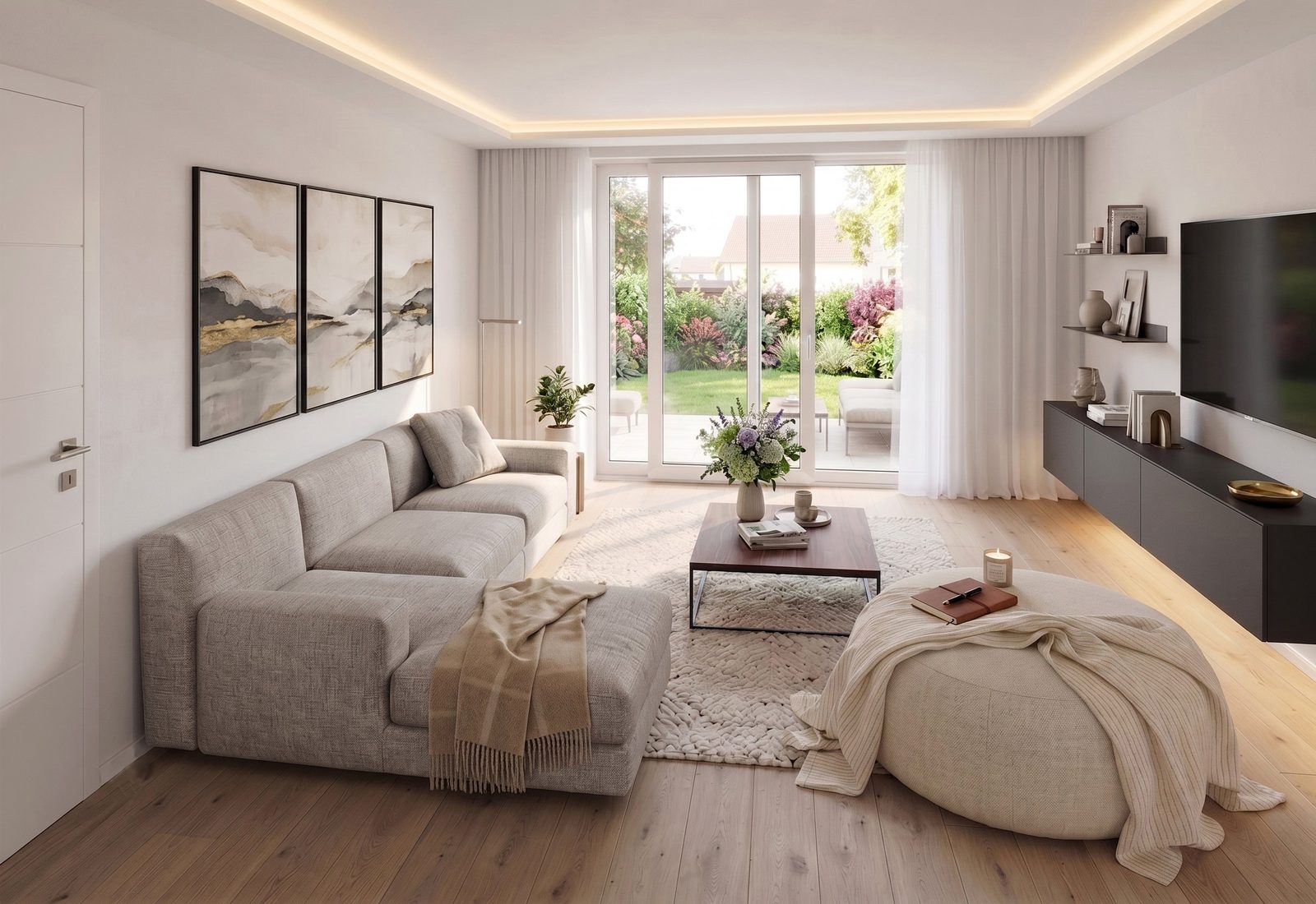 Villa Rossini Lotto C — living aperto sul giardino, speculare