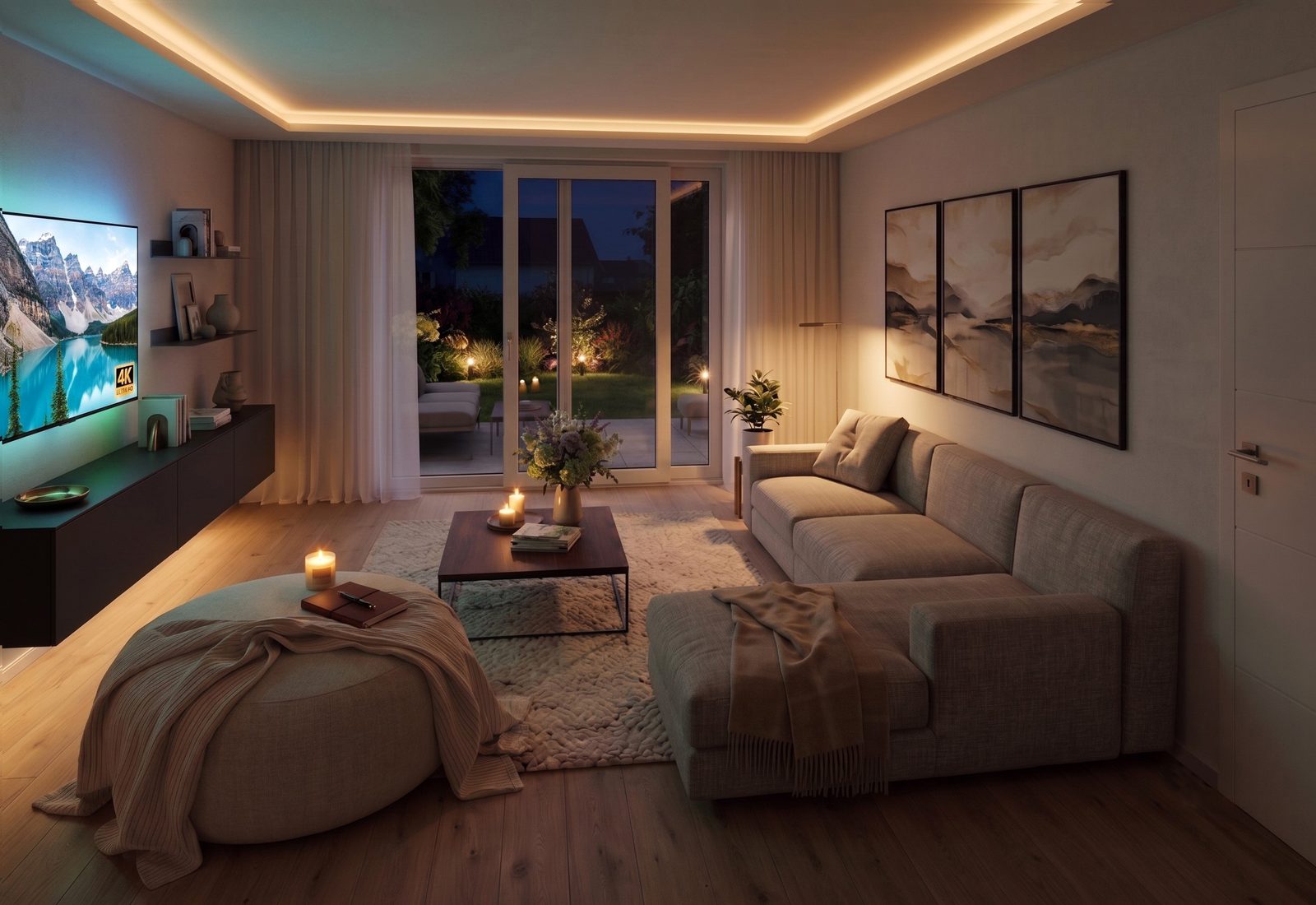 Villa Rossini Lotto B — il living nella luce della sera