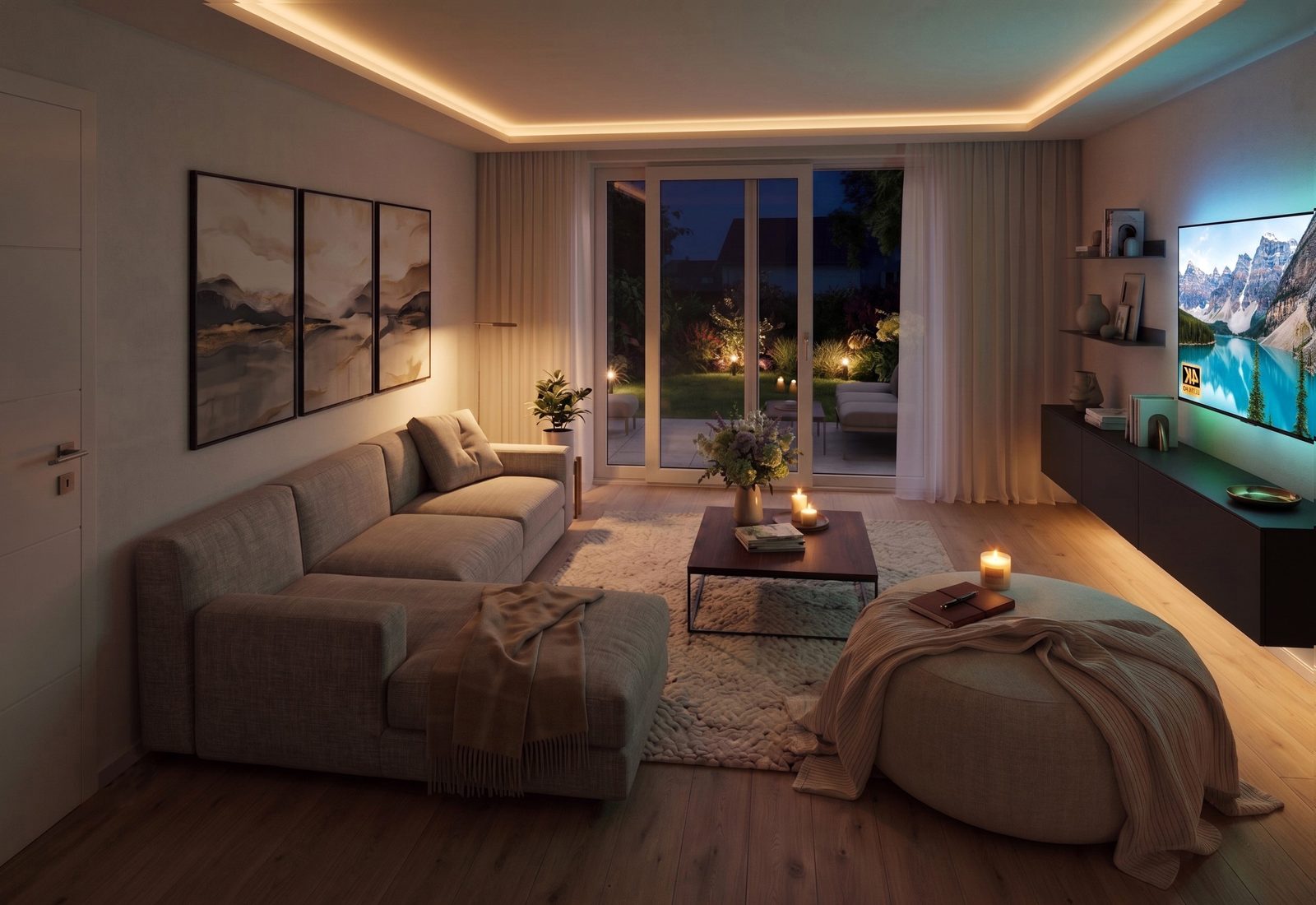 Villa Rossini Lotto C — il living nella luce della sera, speculare